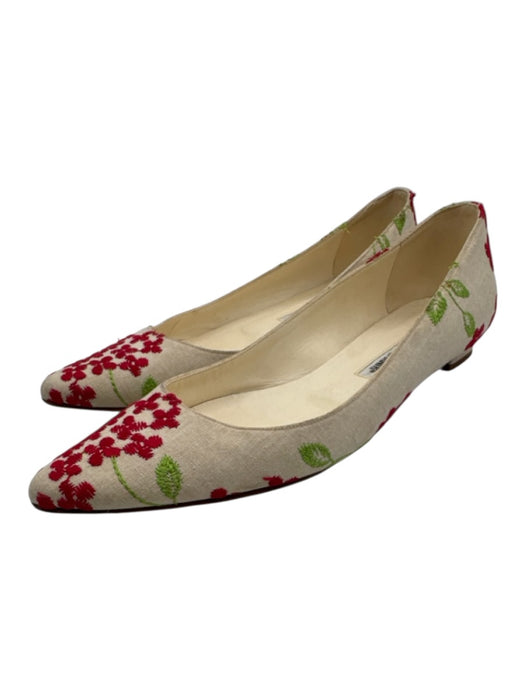 Manolo Blahnik Shoe Size 39.5 Cream, Red & Green Textile Leather Insole Shoes Cream, Red & Green / 39.5