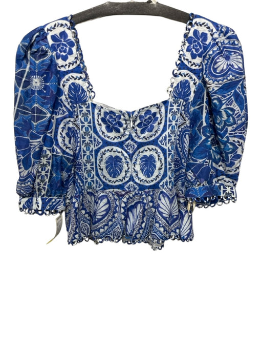 Farm Rio Size L Blue & White Cotton Square Neck Puff 1/2 Sleeve Zip Back Top Blue & White / L