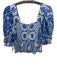 Farm Rio Size L Blue & White Cotton Square Neck Puff 1/2 Sleeve Zip Back Top Blue & White / L
