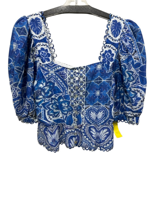 Farm Rio Size L Blue & White Cotton Square Neck Puff 1/2 Sleeve Zip Back Top Blue & White / L