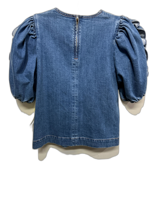Ulla Johnson Size 4 Medium Wash Cotton Denim Short Puff Sleeve Ruffles Top Medium Wash / 4