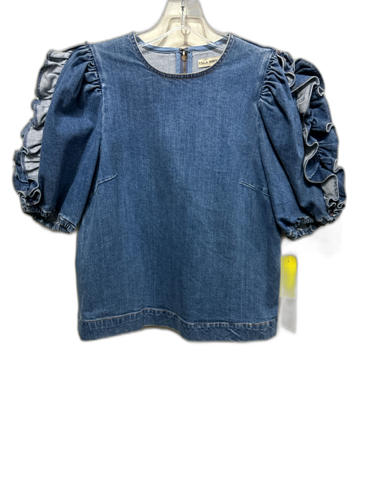 Ulla Johnson Size 4 Medium Wash Cotton Denim Short Puff Sleeve Ruffles Top Medium Wash / 4