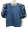 Ulla Johnson Size 4 Medium Wash Cotton Denim Short Puff Sleeve Ruffles Top Medium Wash / 4