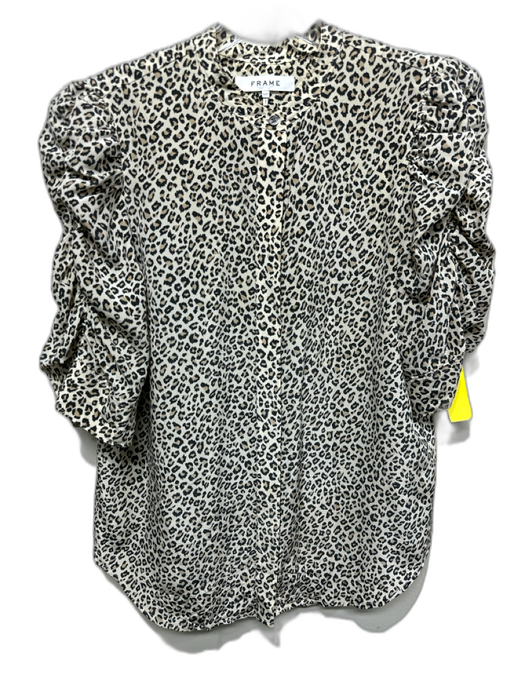 Frame Size S Beige & Black Silk Puff 1/2 Sleeve Animal Print Buttons Blouse Top Beige & Black / S