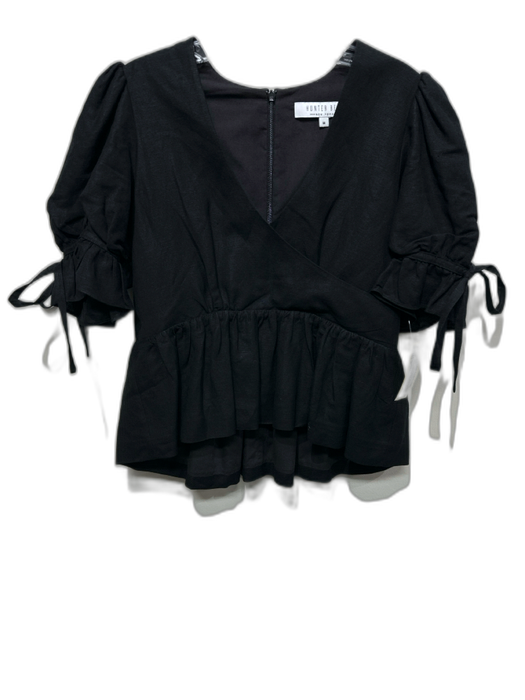 Hunter Bell Size M Black Linen & Rayon Short Puff Sleeve Peplum V Neck Top Black / M