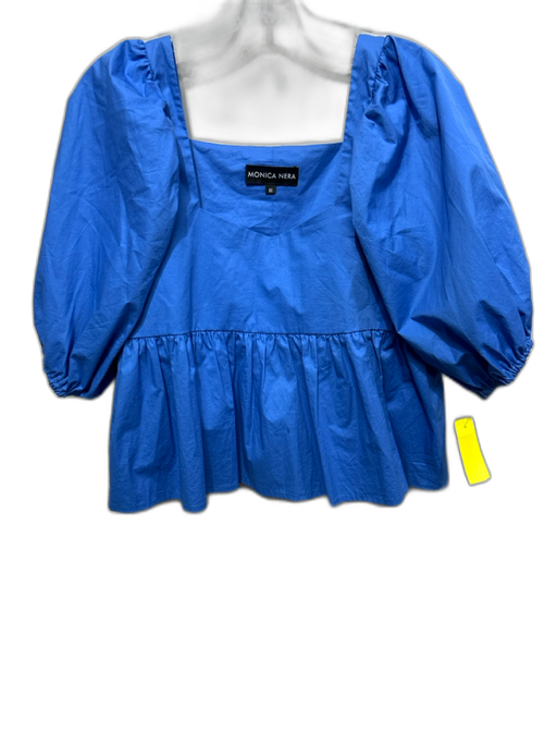 Monica Nera Size M Blue Cotton Short Puff Sleeve Square Neckline Peplum Top Blue / M