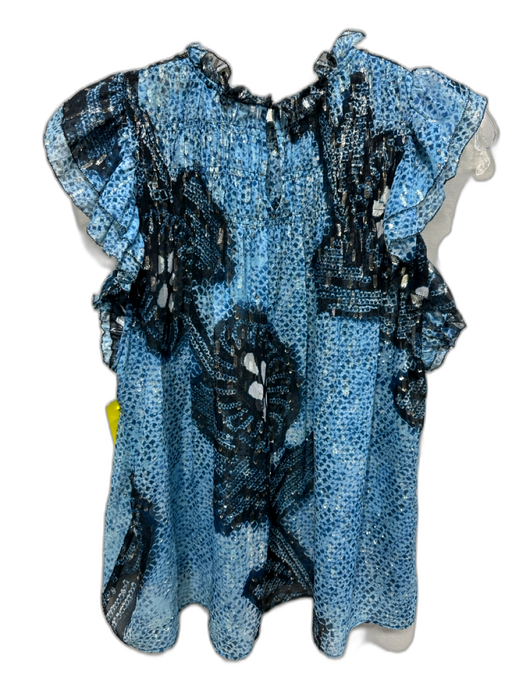 Ulla Johnson Size 4 Blue, Black, Gold Silk & Lurex Ruffle Cap Sleeve Top Blue, Black, Gold / 4