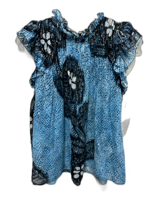 Ulla Johnson Size 4 Blue, Black, Gold Silk & Lurex Ruffle Cap Sleeve Top Blue, Black, Gold / 4