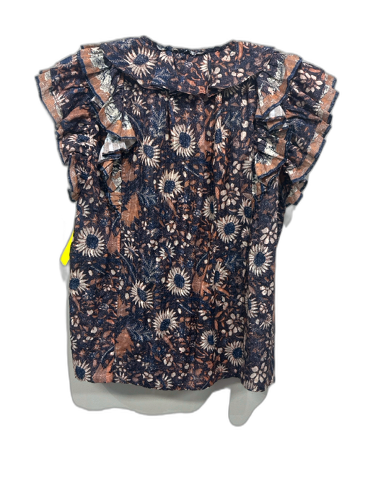 Ulla Johnson Size 4 Brown, Cream, Blue Cotton & Viscose Ruffle Cap Sleeve Top Brown, Cream, Blue / 4