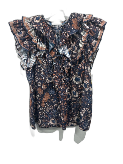 Ulla Johnson Size 4 Brown, Cream, Blue Cotton & Viscose Ruffle Cap Sleeve Top Brown, Cream, Blue / 4