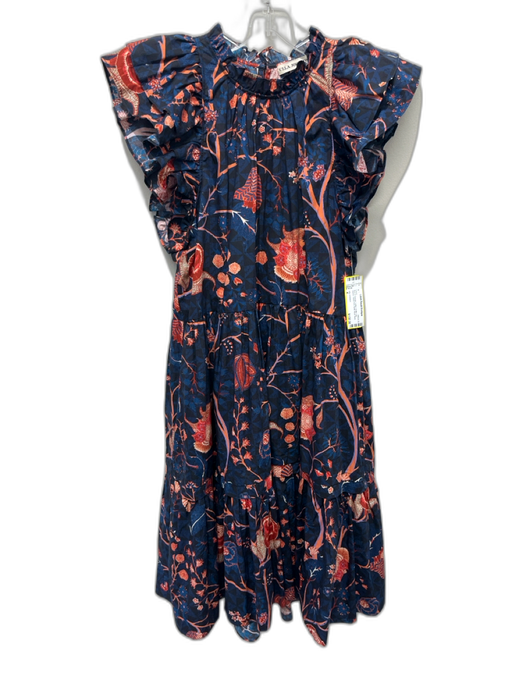 Ulla Johnson Size 4 Blue & Orange Cotton Ruffle Cap Sleeve Floral Print Dress Blue & Orange / 4