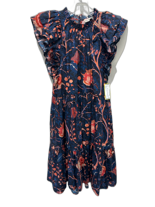 Ulla Johnson Size 4 Blue & Orange Cotton Ruffle Cap Sleeve Floral Print Dress Blue & Orange / 4