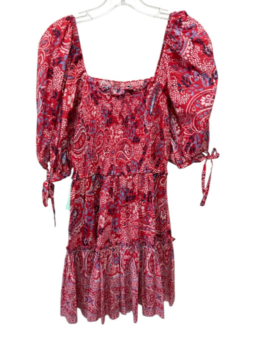 Cara Cara Size Medium Red, Blue, White Cotton Short Puff Sleeve Smocked Dress Red, Blue, White / Medium