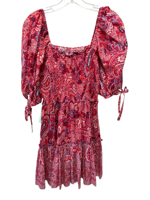 Cara Cara Size Medium Red, Blue, White Cotton Short Puff Sleeve Smocked Dress Red, Blue, White / Medium