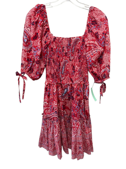 Cara Cara Size Medium Red, Blue, White Cotton Short Puff Sleeve Smocked Dress Red, Blue, White / Medium