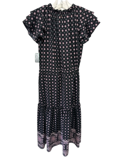 Misa Size Small Black, Pink, White Viscose Ruffle Cap Sleeve Floral Tiered Dress Black, Pink, White / Small