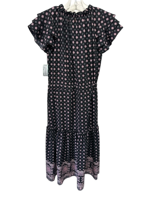 Misa Size Small Black, Pink, White Viscose Ruffle Cap Sleeve Floral Tiered Dress Black, Pink, White / Small