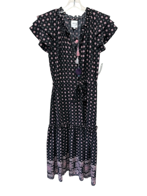Misa Size Small Black, Pink, White Viscose Ruffle Cap Sleeve Floral Tiered Dress Black, Pink, White / Small