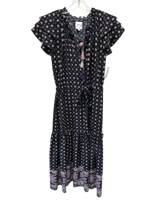 Misa Size Small Black, Pink, White Viscose Ruffle Cap Sleeve Floral Tiered Dress Black, Pink, White / Small