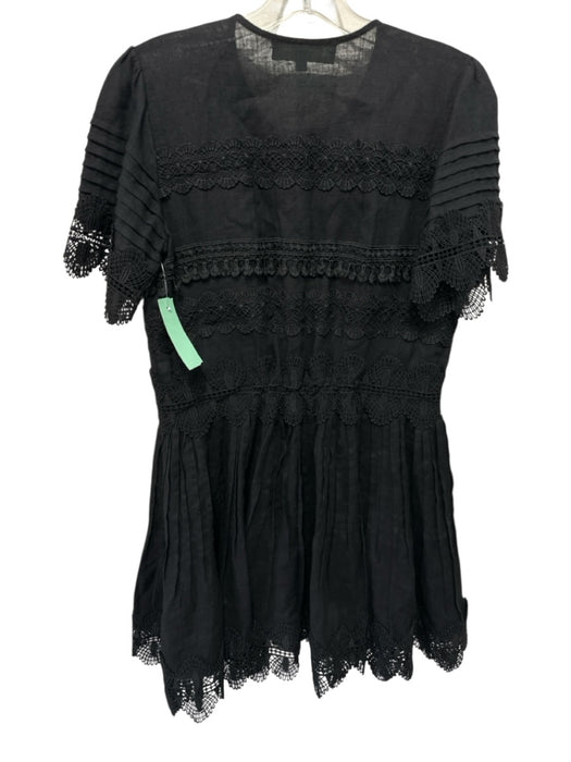 Waimari Size Medium Black Linen Short Sleeve Floral Lace Button Front Dress Black / Medium