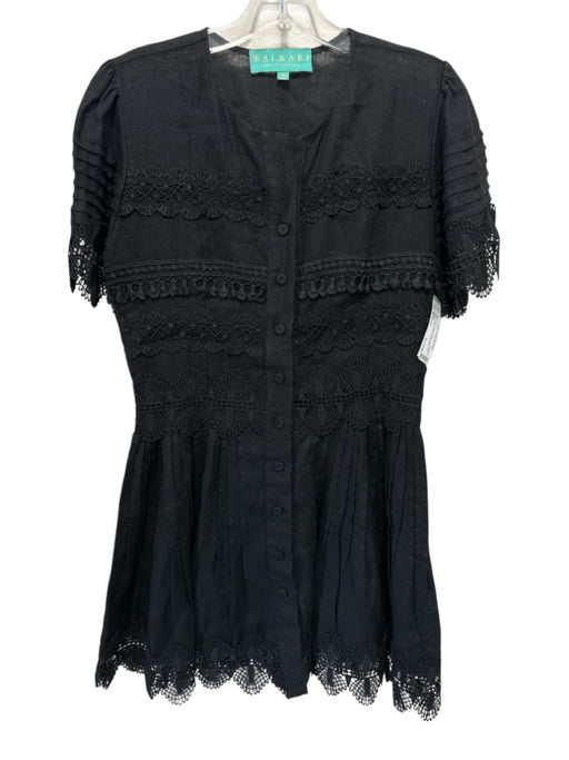 Waimari Size Medium Black Linen Short Sleeve Floral Lace Button Front Dress Black / Medium