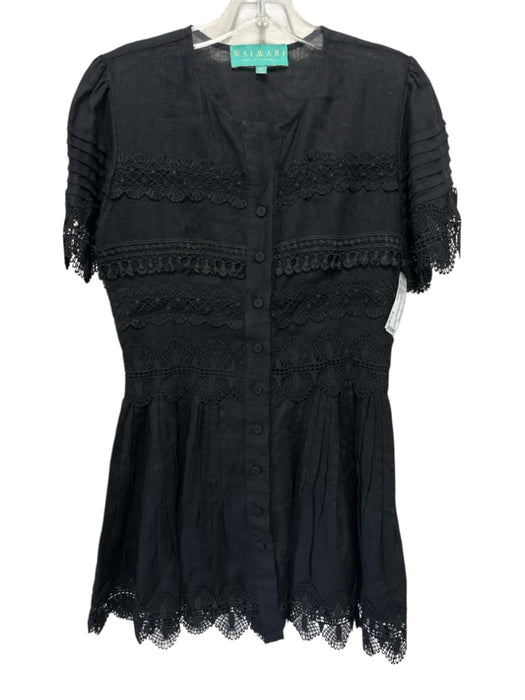 Waimari Size Medium Black Linen Short Sleeve Floral Lace Button Front Dress Black / Medium