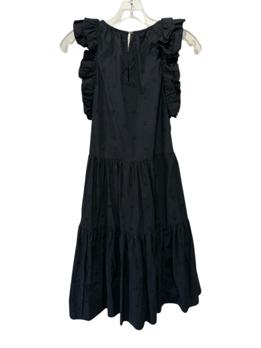 Ulla Johnson Size 4 Black Cotton Ruffle Cap Sleeve Floral Embroidery Dress Black / 4