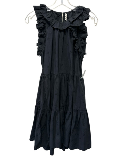 Ulla Johnson Size 4 Black Cotton Ruffle Cap Sleeve Floral Embroidery Dress Black / 4