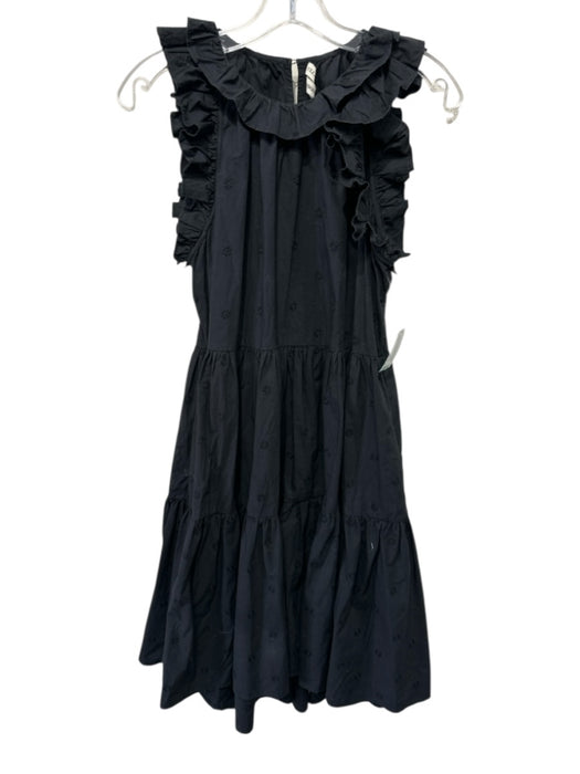 Ulla Johnson Size 4 Black Cotton Ruffle Cap Sleeve Floral Embroidery Dress Black / 4