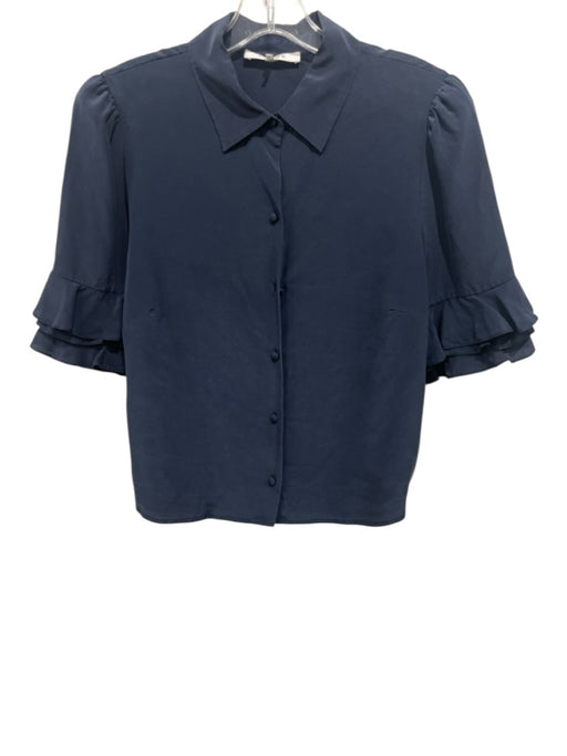 Frame Size Small Navy Blue Silk Short Ruffle Sleeve Button Front Darted Top Navy Blue / Small