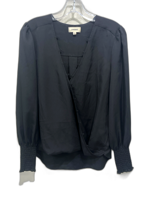 L'agence Size S Black Polyester Long puff sleeve Buttons V Neck Top Black / S