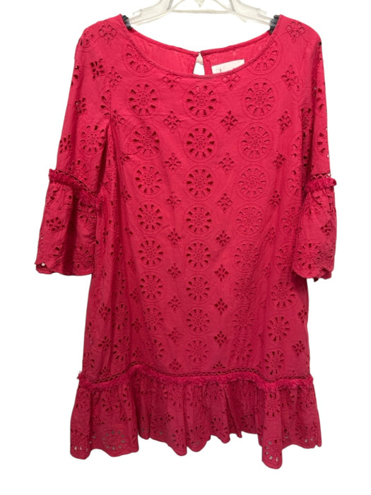 By Anthropologie Size 8 Hot pink Cotton Eyelets 1/2 Sleeve Keyhole Back Dress Hot pink / 8