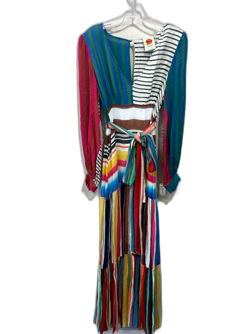 Farm Rio Size S Blue, Pink, Black Viscose Long puff sleeve Abstract Stripe Dress Blue, Pink, Black / S