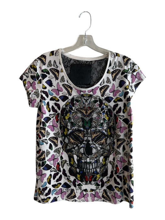 Phillip Plein Couture Size Large White & Multi Cotton Short Sleeve Top White & Multi / Large
