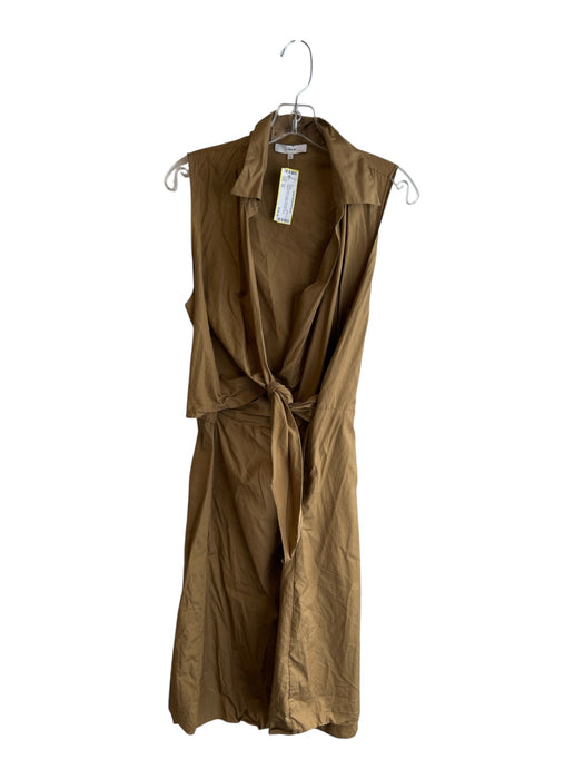 Vince Size 10 Dark Mustard Cotton Sleeveless Collared Tie At Waist Pockets Dress Dark Mustard / 10