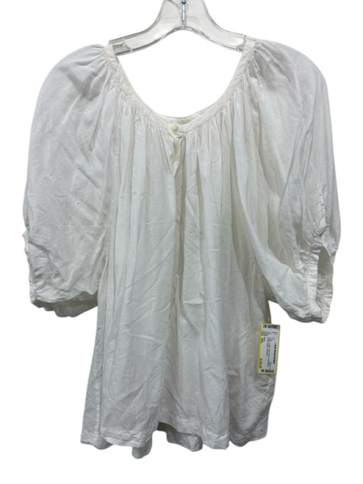Doen Size XXL White Cotton Semi Sheer Puff Sleeve Button Down Top White / XXL