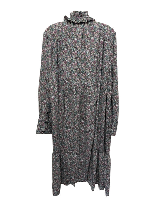 Ganni Size 42 / M Pink, Black, Green Polyester Mini Floral Tie Neck swing Dress Pink, Black, Green / 42 / M