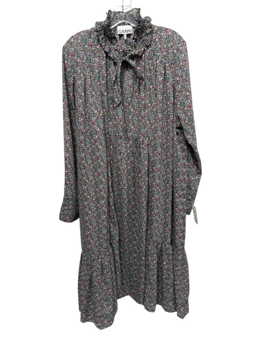 Ganni Size 42 / M Pink, Black, Green Polyester Mini Floral Tie Neck swing Dress Pink, Black, Green / 42 / M