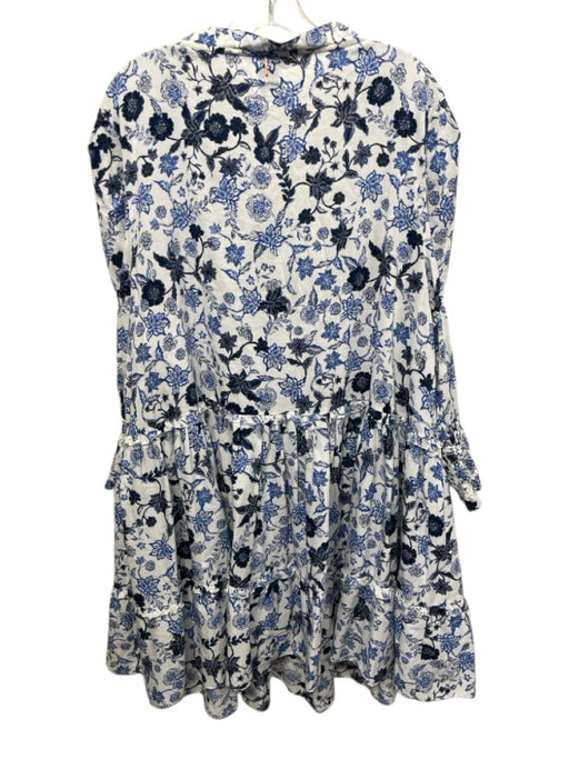Misa Size XL White & Blue Rayon Blend smocked cuffs Floral Tie V Neck Dress White & Blue / XL