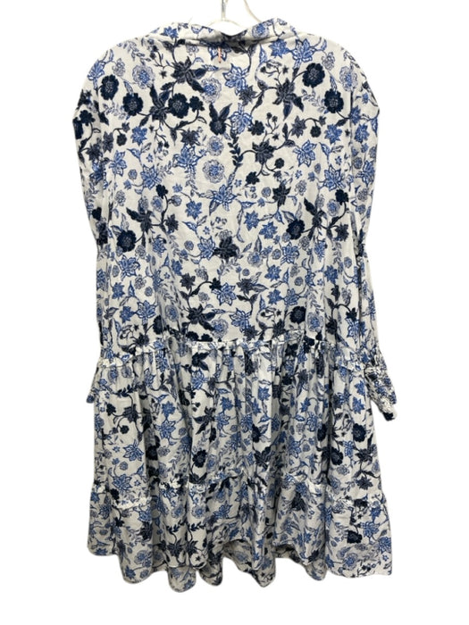 Misa Size XL White & Blue Rayon Blend smocked cuffs Floral Tie V Neck Dress White & Blue / XL