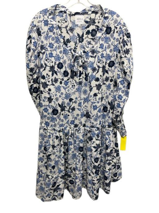 Misa Size XL White & Blue Rayon Blend smocked cuffs Floral Tie V Neck Dress White & Blue / XL