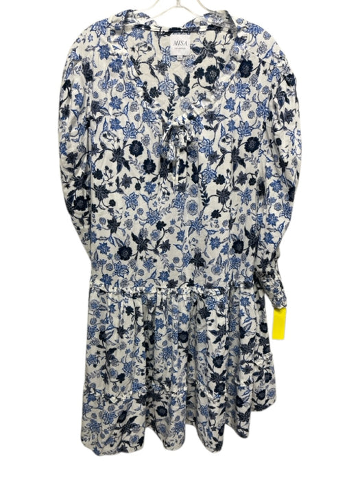 Misa Size XL White & Blue Rayon Blend smocked cuffs Floral Tie V Neck Dress White & Blue / XL