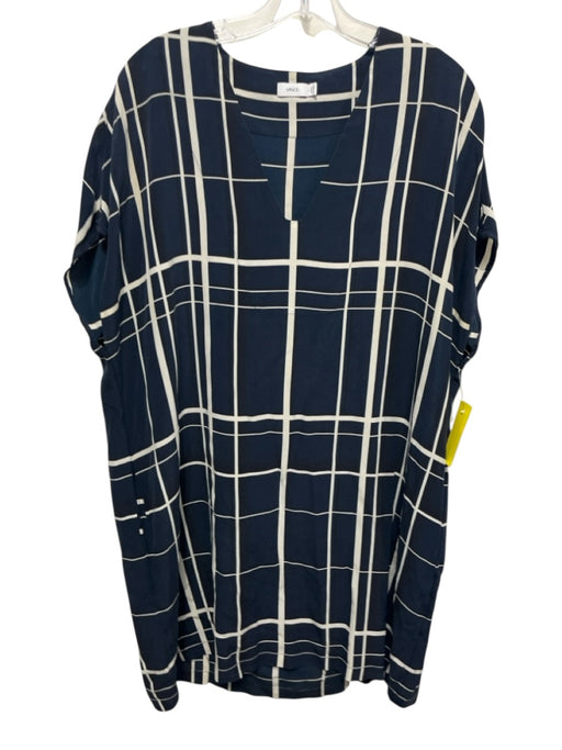 Vince Size L Navy Blue, Cream, Black Silk Plaid Cap Sleeve Shift Dress Navy Blue, Cream, Black / L
