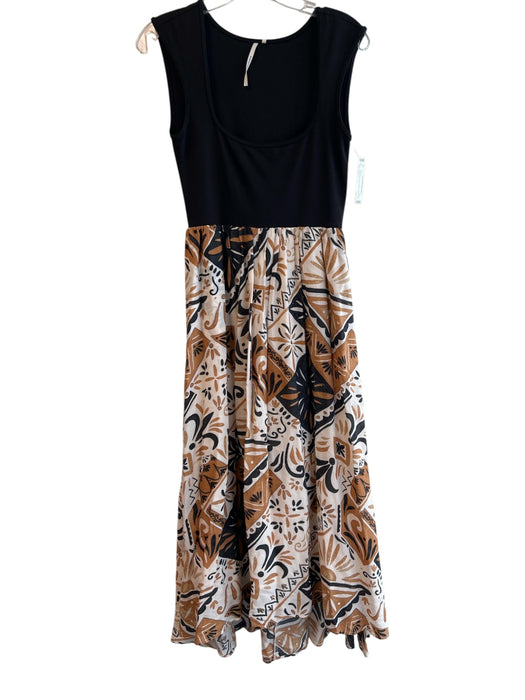 By Anthropologie Size XS Black, Tan & Whiite Viscose Cap Sleeve Scoop Neck Dress Black, Tan & Whiite / XS