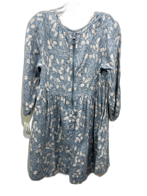 Free People Size XS Blue & Cream White Linen Leaf Print 3/4 puff sleeve Dress Blue & Cream White / XS