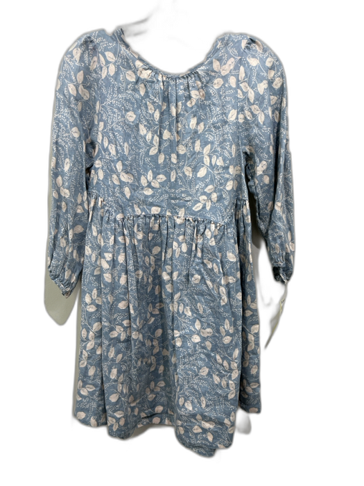 Free People Size XS Blue & Cream White Linen Leaf Print 3/4 puff sleeve Dress Blue & Cream White / XS