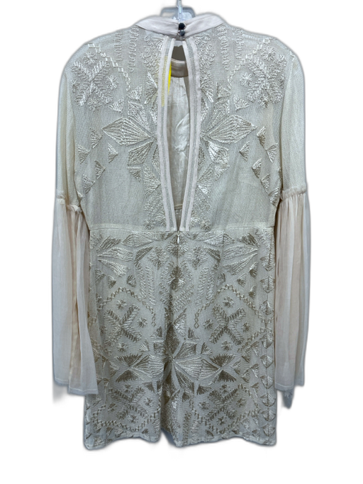 Free People Size S Cream Beige Cotton Blend Long Sheer Sleeves High Neck Dress Cream Beige / S