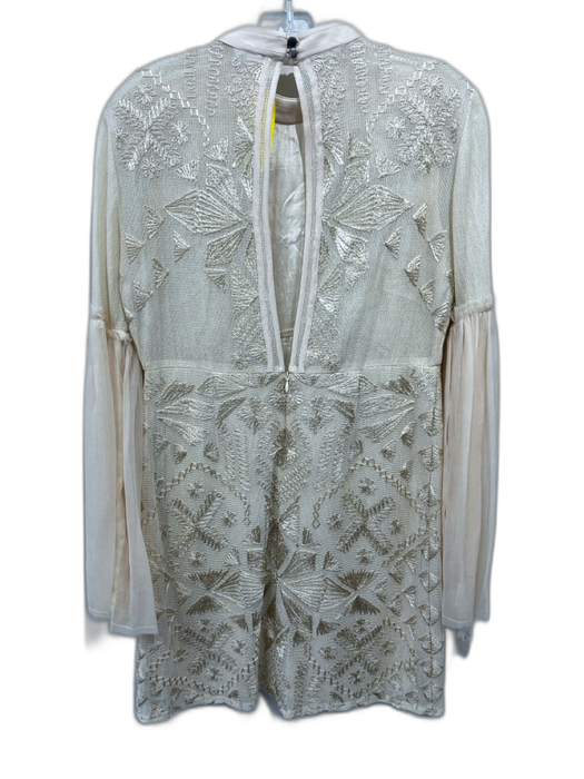 Free People Size S Cream Beige Cotton Blend Long Sheer Sleeves High Neck Dress Cream Beige / S
