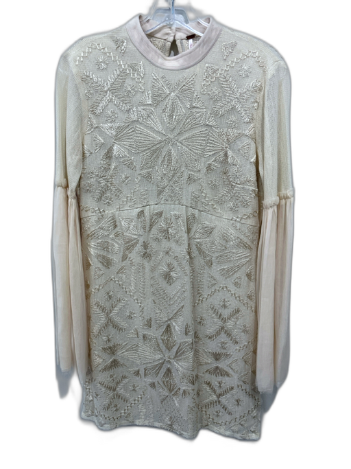Free People Size S Cream Beige Cotton Blend Long Sheer Sleeves High Neck Dress Cream Beige / S