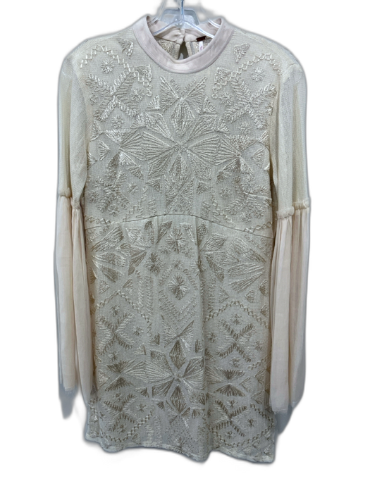 Free People Size S Cream Beige Cotton Blend Long Sheer Sleeves High Neck Dress Cream Beige / S